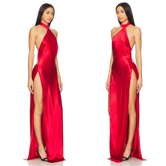 Retrofete Jagger High Slit Halterneck Tie Red Maxi Dress Size Small - Picture 4 of 14